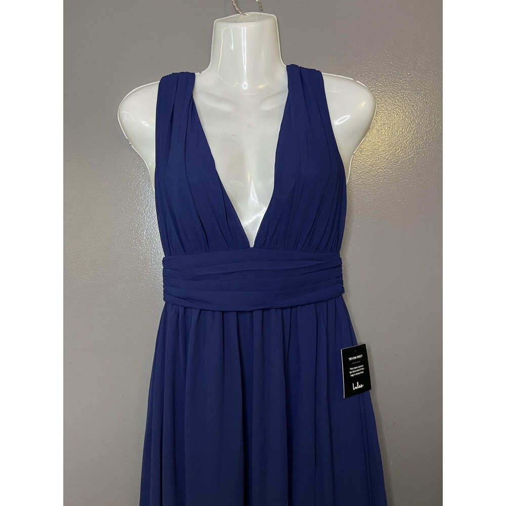 Lulus Dress Womens XS Blue Chiffon Plunge V Neck Maxi Side Slit Formal Gown